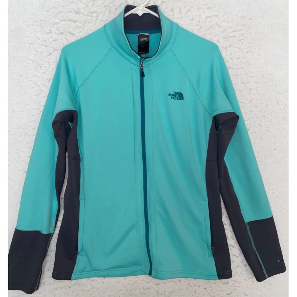 North Face Jacket Womens Sz L Green Gray Full Zip Fleece Long Sleeve Flash Dry